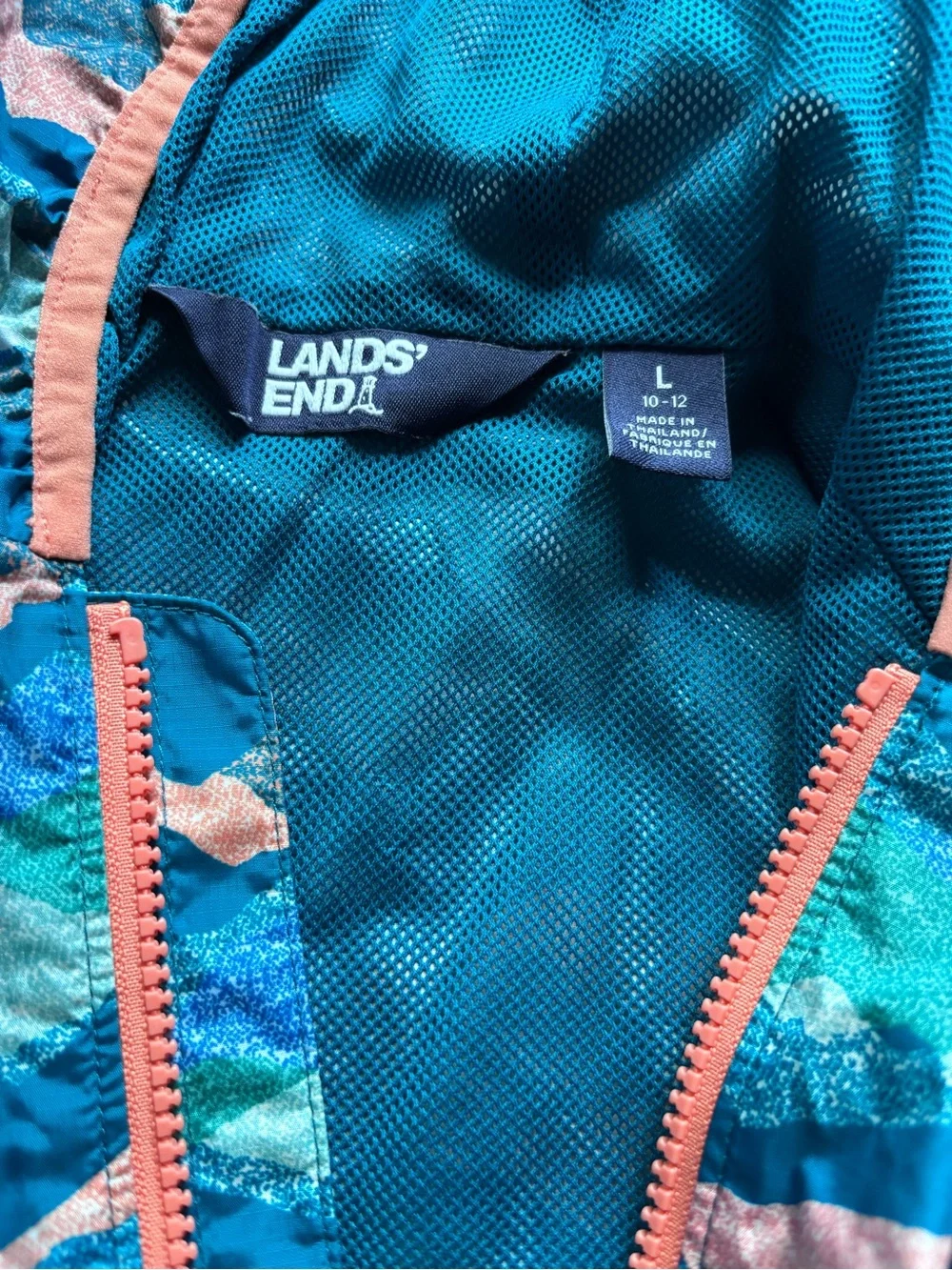 Lands' End Teal, Aqua & Coral Wave-Print Hooded Raincoat